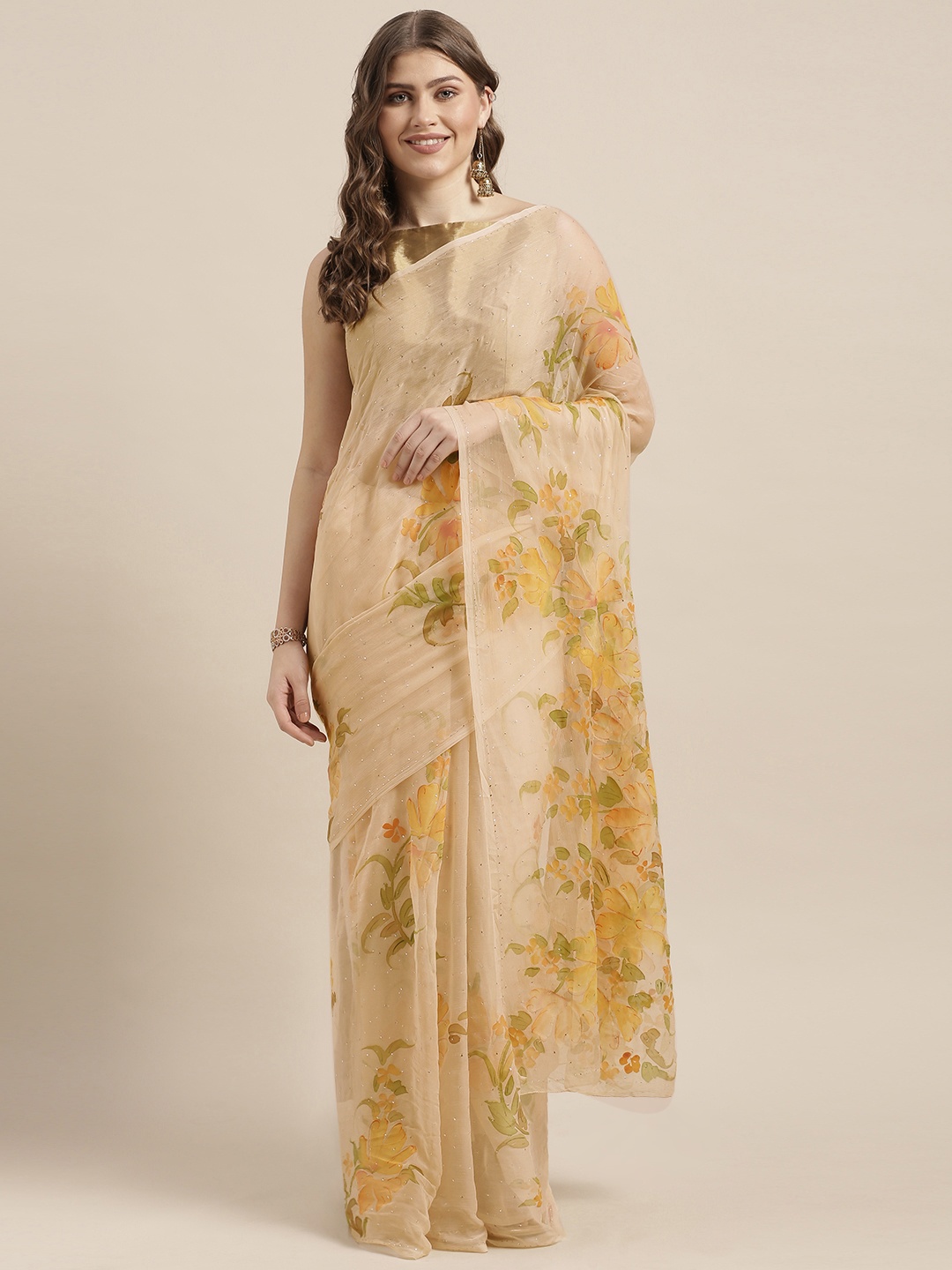 Geroo Jaipur Beige Hand Painted Floral Chiffon Sustainable Saree With Mukaish Work, Peach
Geroo Jaipur Beige Hand Painted Floral Chiffon Sustainable Saree With Mukaish Work, Peach