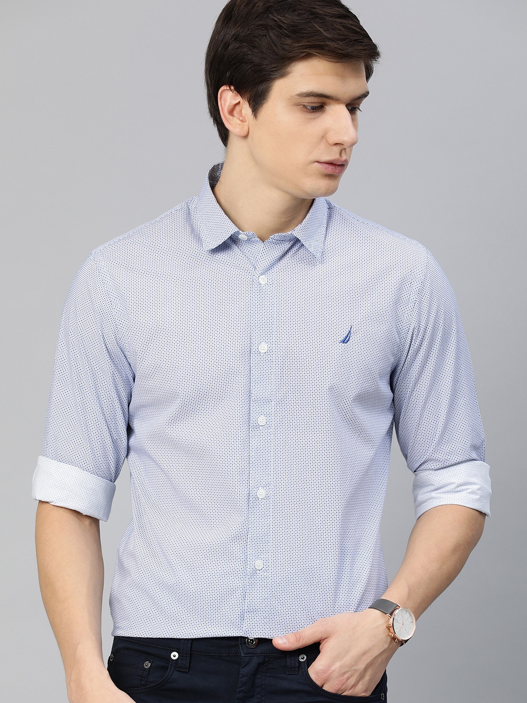 Nautica Men Blue & White Slim Fit Printed Casual Shirt