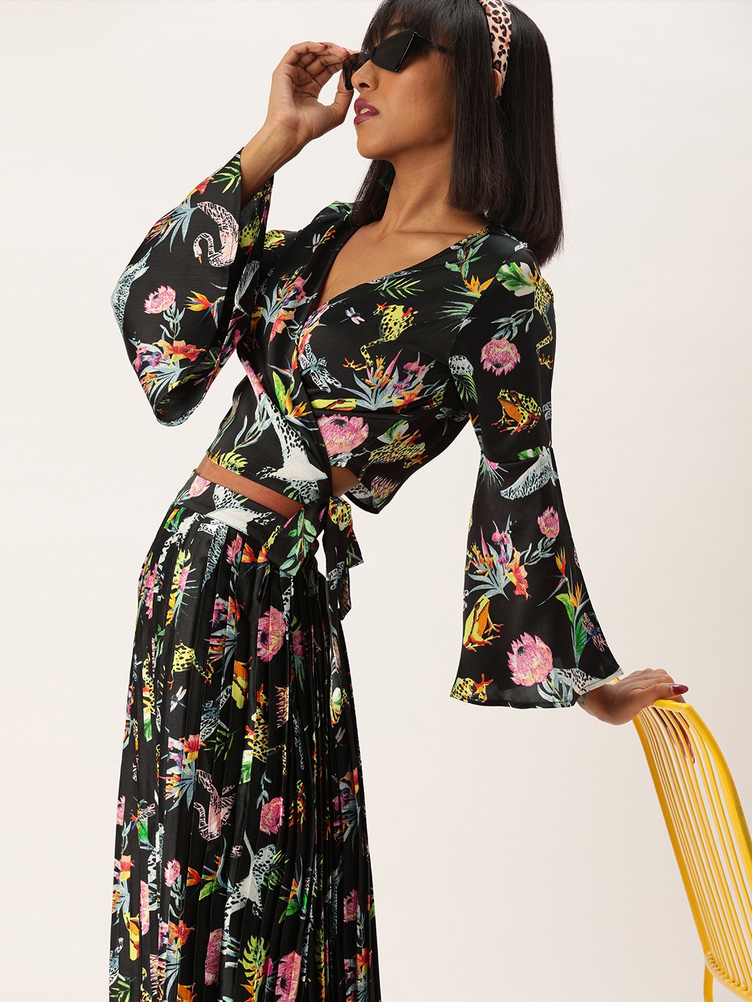 Antheaa Women Black & Yellow Printed Wrap Top