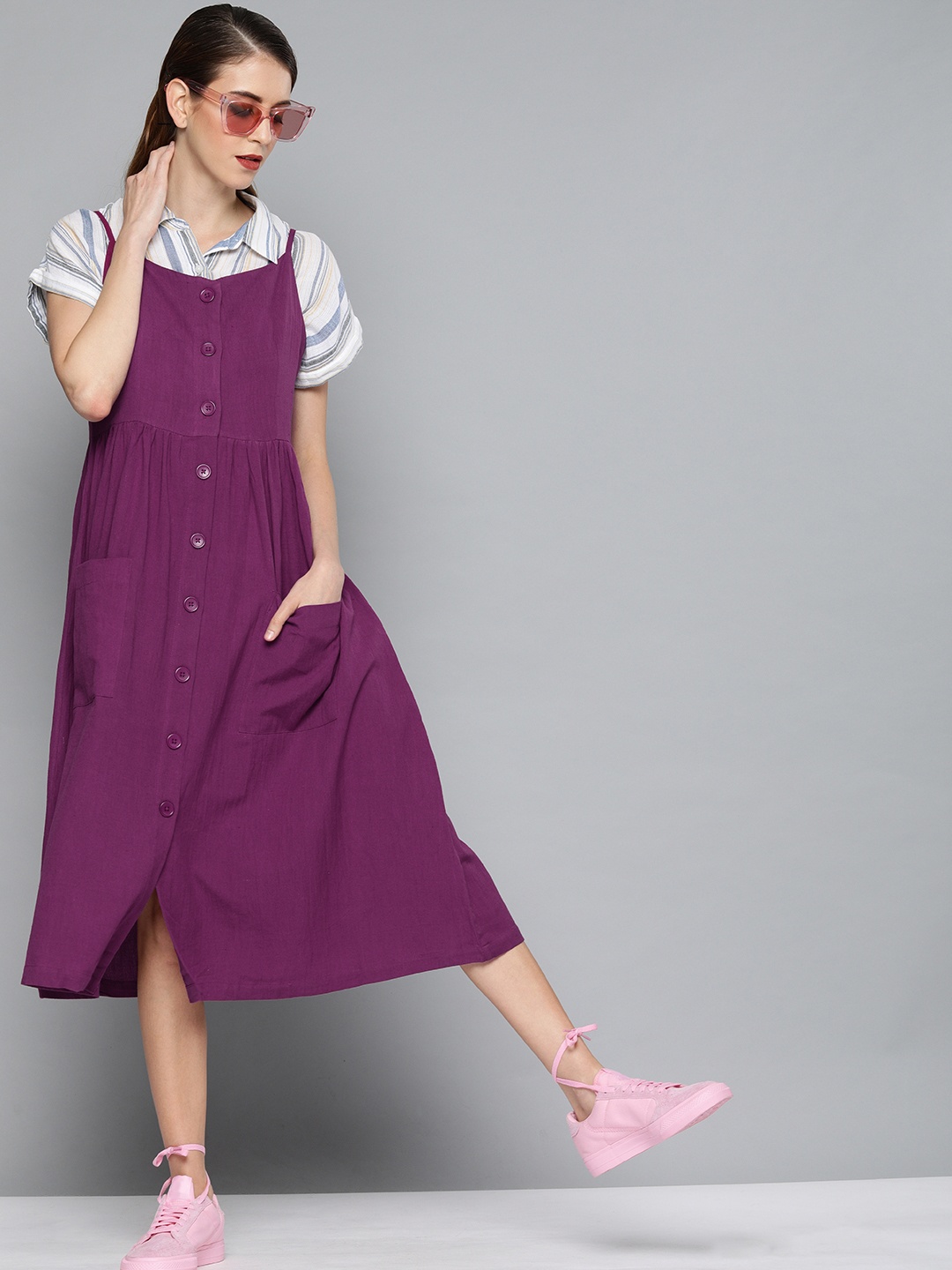 SASSAFRAS Women Purple Solid A-Line Dress with Gathers