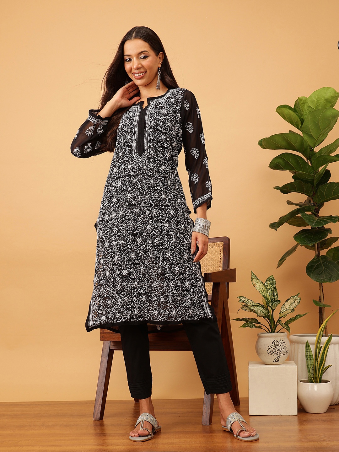 ADA Women Black & White Chikankari Hand Embroidered Semi-Sheer Straight Handloom Kurta
ADA Women Black & White Chikankari Hand Embroidered Semi-Sheer Straight Handloom Kurta