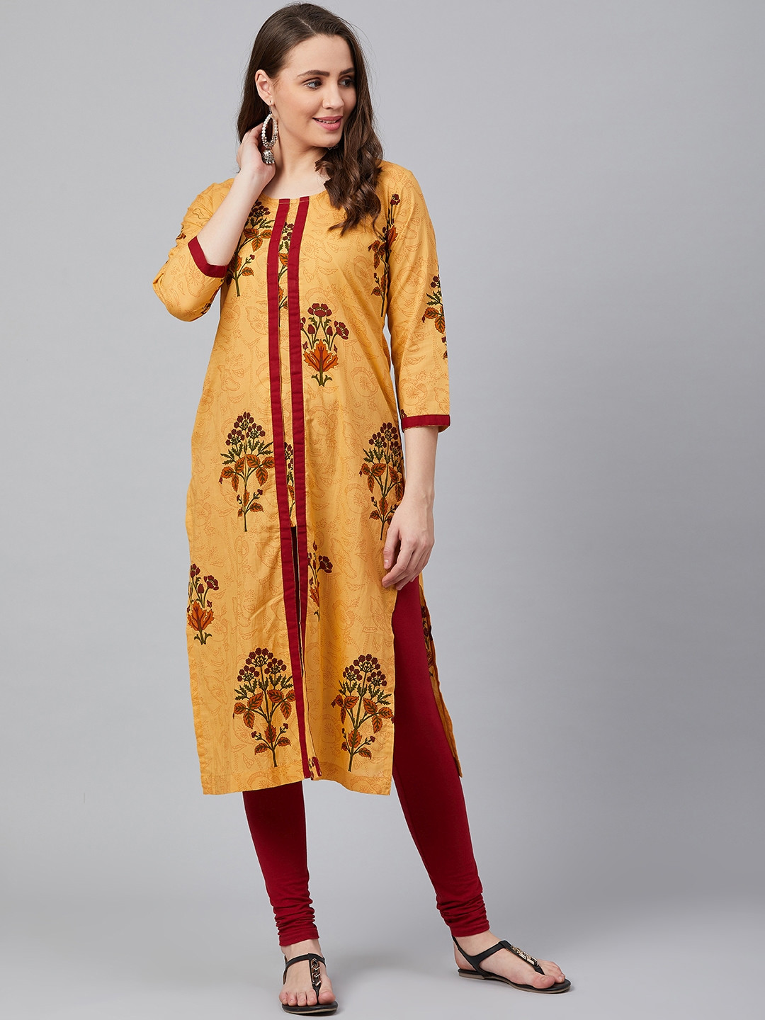 Wabii Women Mustard Yellow & Maroon Floral Print Straight Kurta
Wabii Women Mustard Yellow & Maroon Floral Print Straight Kurta