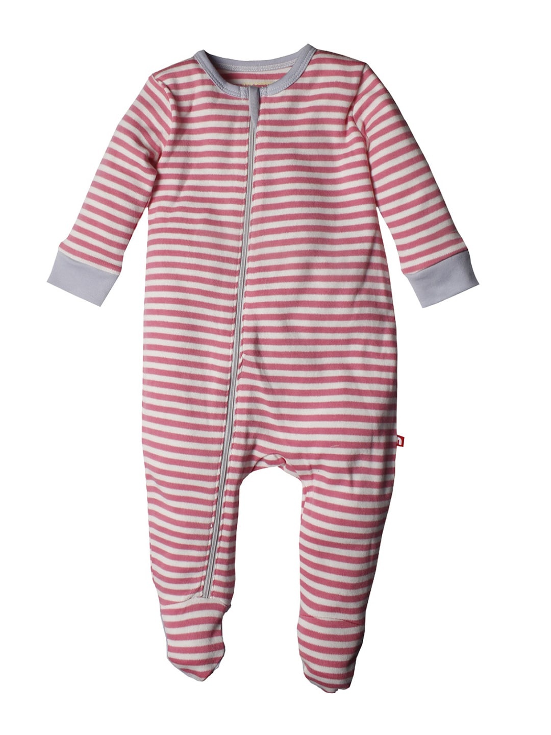 

Nino Bambino Infants Pink & White Organic Cotton Striped Sustainable Sleepsuit