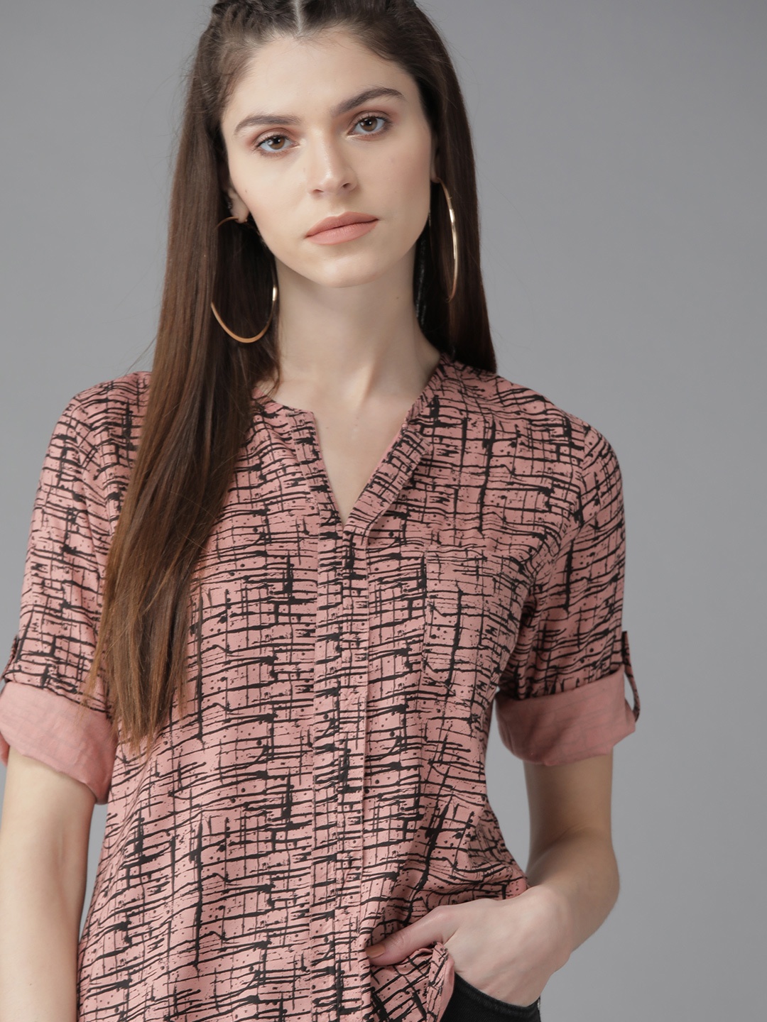 Roadster Women Pink & Black Printed Sustainable Top