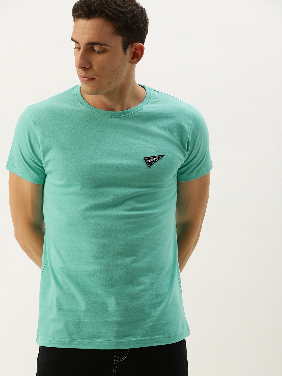 DILLINGER Men Sea Green Solid Regular Fit Round Neck Pure Cotton T-shirt