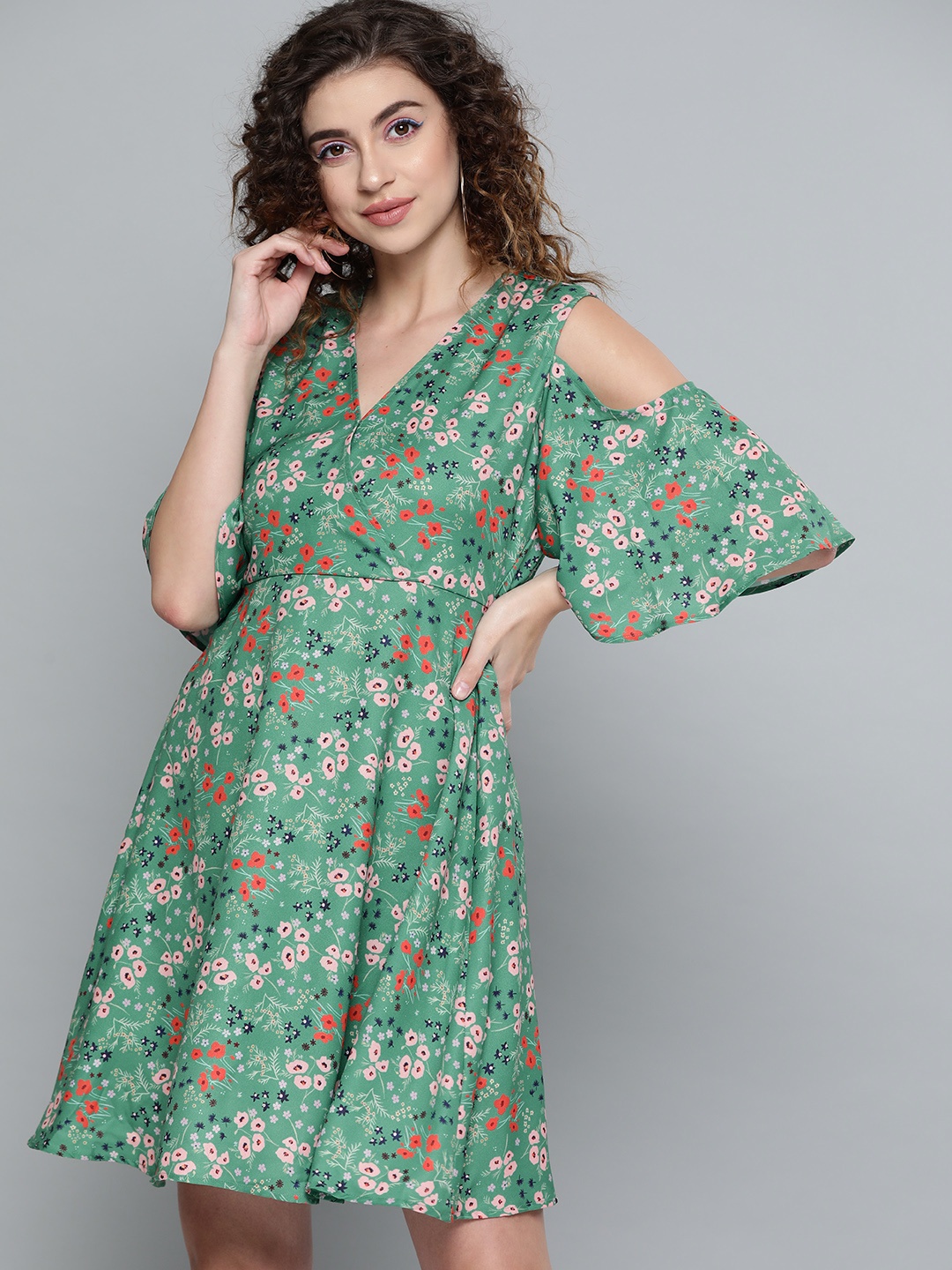 SASSAFRAS Women Green & Orange Floral Printed Wrap Dress