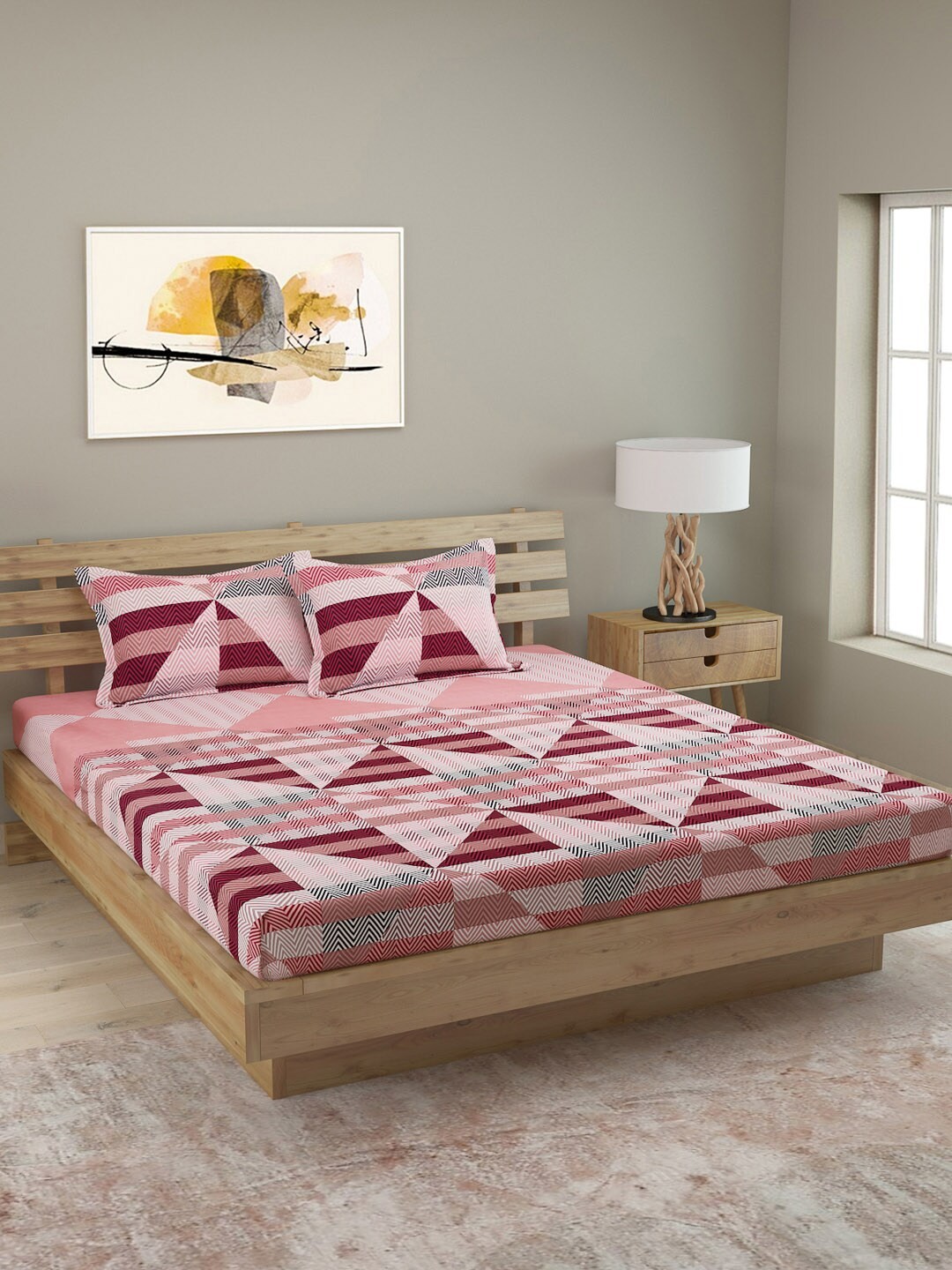 ROMEE Peach-Coloured & Maroon Geometric 250 TC Cotton 1 King Bedsheet with 2 Pillow Covers
ROMEE Peach-Coloured & Maroon Geometric 250 TC Cotton 1 King Bedsheet with 2 Pillow Covers
