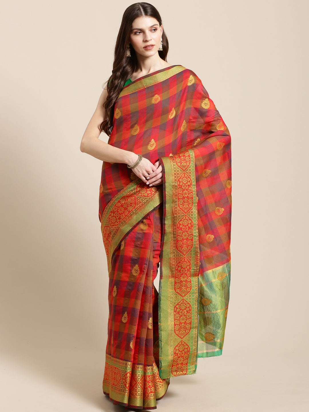 Mitera Red & Green Checked Kanjeevaram Saree With Zari Detail