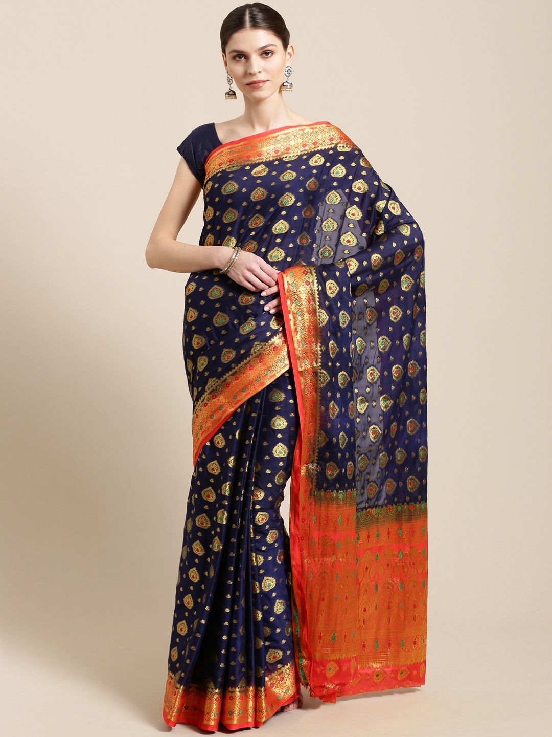 Mitera Navy Blue & Golden Zari Woven Design Kanjeevaram Saree
