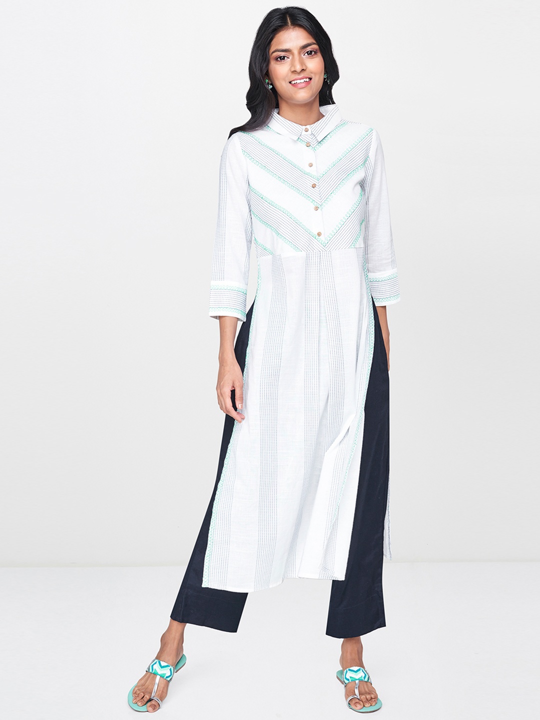 Global Desi Women White & Navy Blue Striped Straight Kurta
