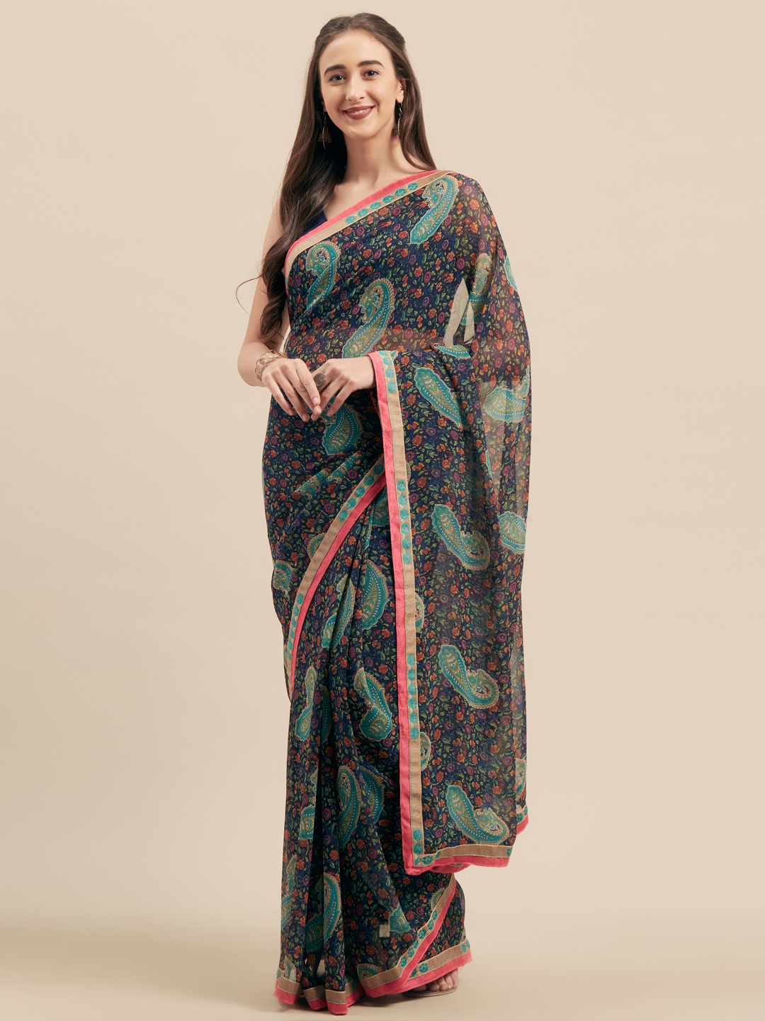 Mitera Navy Blue & Red Poly Georgette Printed Saree