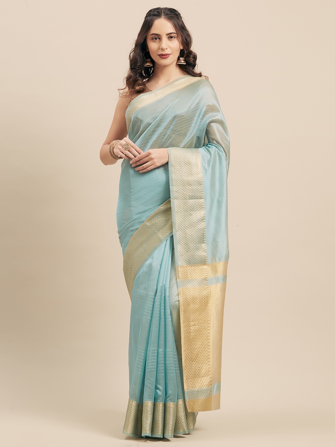 Mitera Teal Blue Striped Silk Cotton Saree