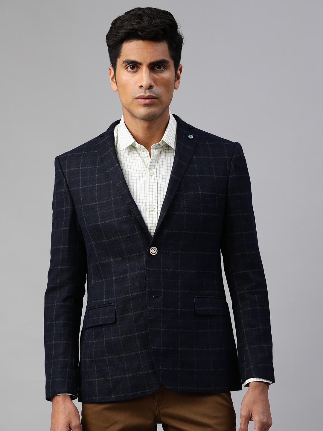 Arrow Men Navy Blue and Grey Checked Single-Breasted Super Slim Fit Formal Blazer