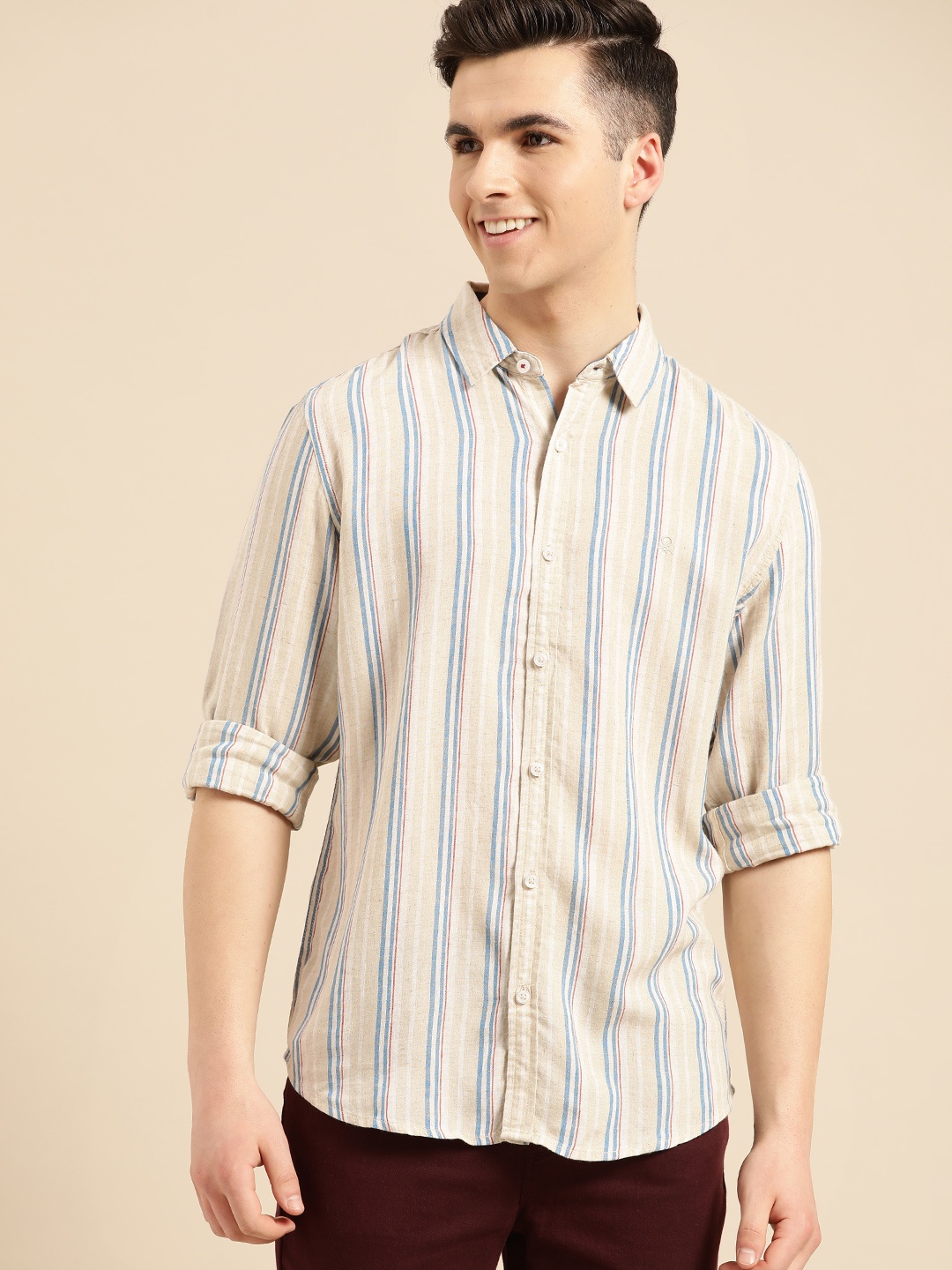 United Colors of Benetton Men Beige & Blue Slim Fit Striped Casual Shirt