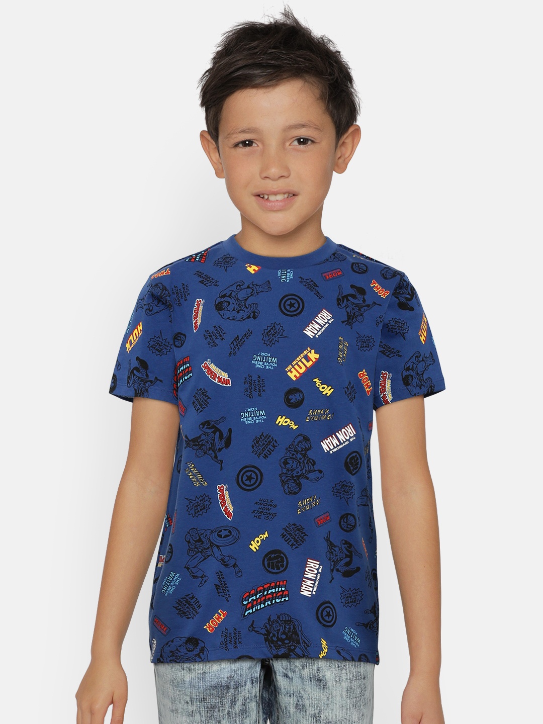 United Colors of Benetton Boys Blue & Black Avenger Print Round Neck T-shirt