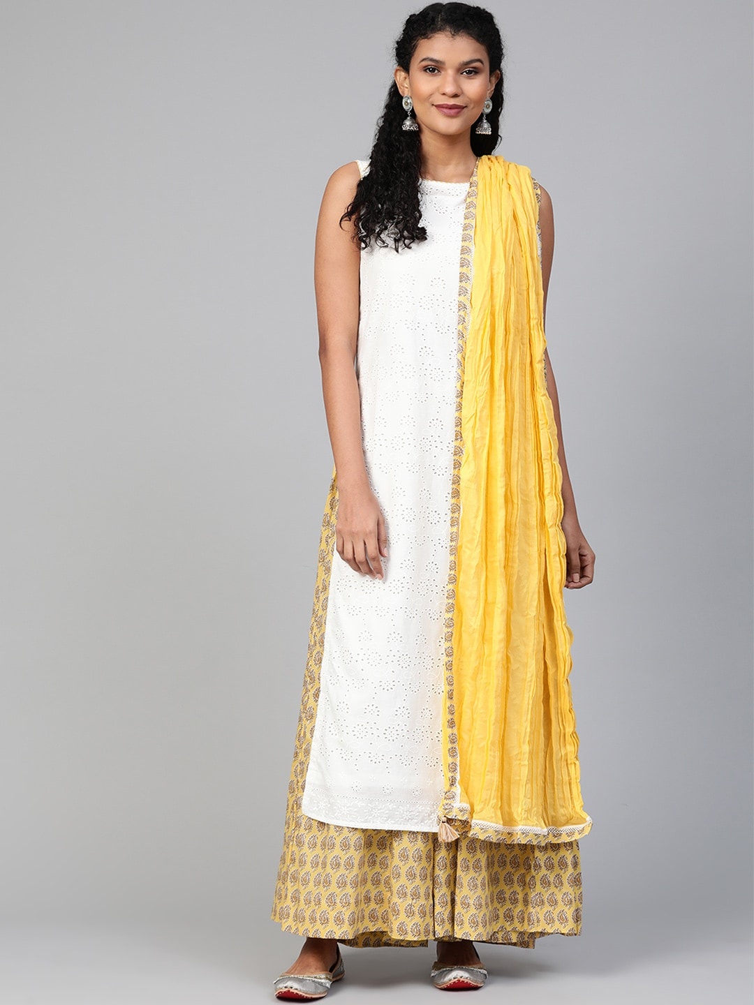 Biba Women White & Mustard Yellow Schiffli Embroidered Kurta with Palazzos & Dupatta
Biba Women White & Mustard Yellow Schiffli Embroidered Kurta with Palazzos & Dupatta