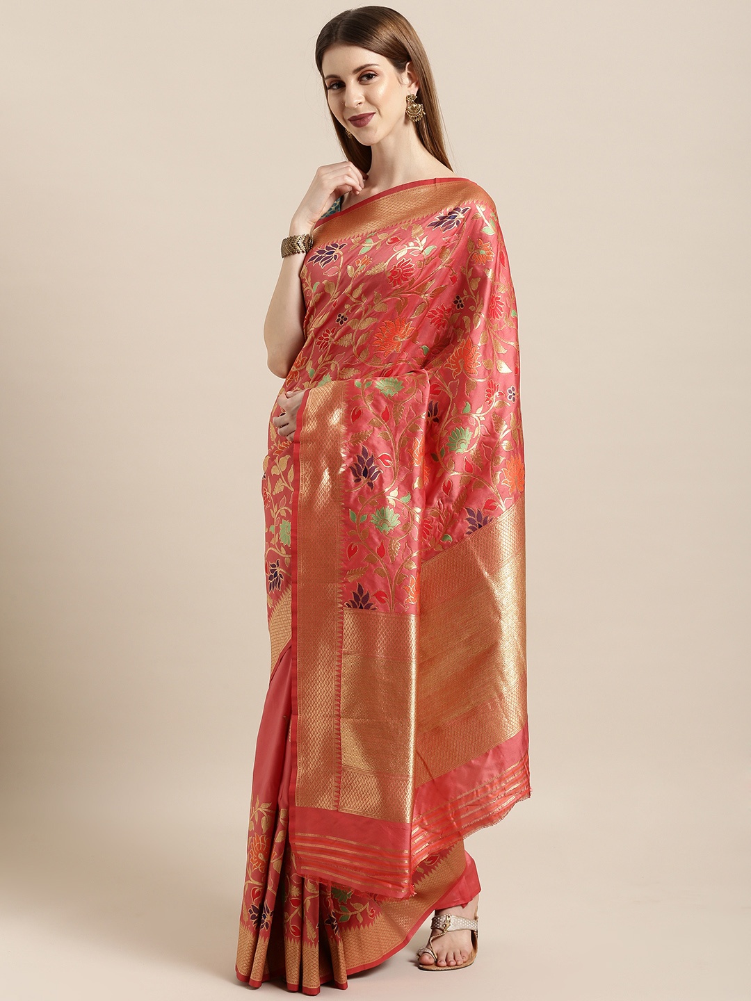 Mitera Pink & Golden Silk Blend Woven Design Kanjeevaram Saree