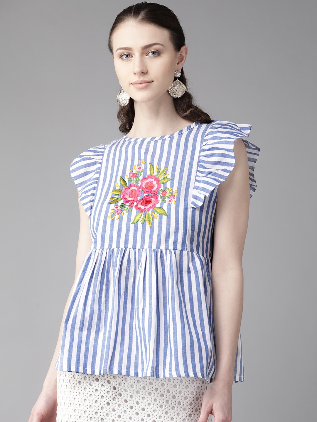 Bhama Couture Women Blue & White Striped A-Line Top
