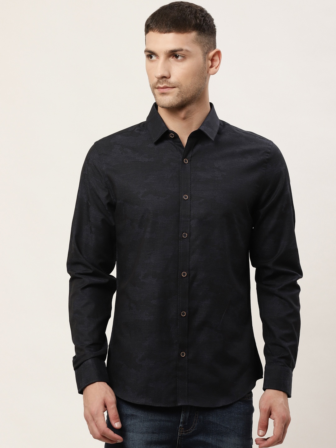 United Colors of Benetton Men Navy Slim Fit Jacquard Solid Casual Shirt, Navy blue