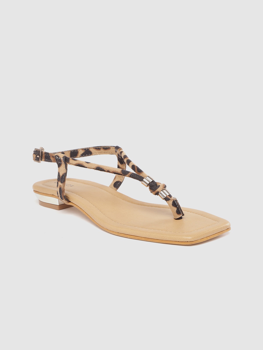 CORSICA Women Tan Brown & Black Leopard Print Open Toe Flats