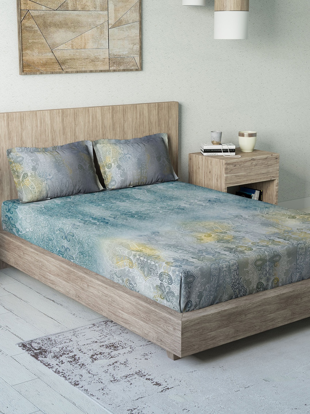 DDecor Blue & Grey Abstract 150 TC Cotton 1 King Bedsheet with 2 Pillow Covers