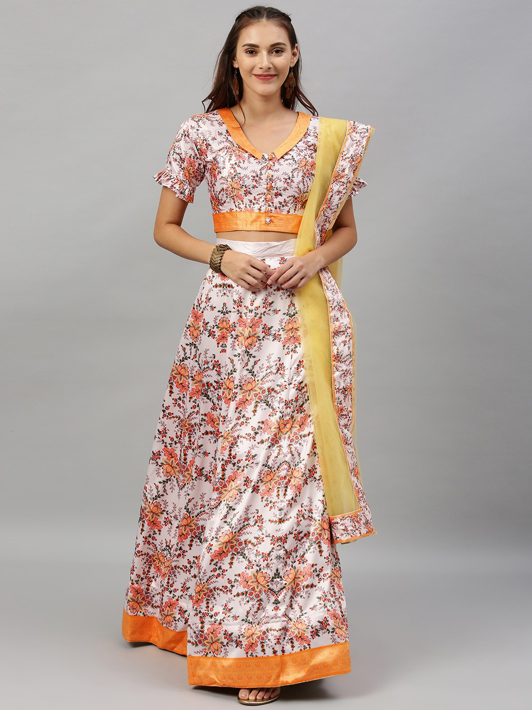 flaher White & Peach-Coloured Printed Semi-Stitched Lehenga & Unstitched Blouse with Dupatta
flaher White & Peach-Coloured Printed Semi-Stitched Lehenga & Unstitched Blouse with Dupatta