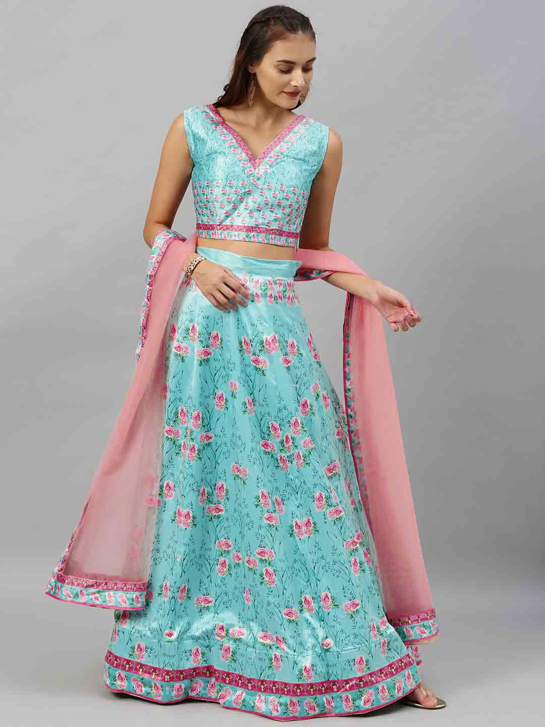 flaher Turquoise Blue & Pink Printed Semi-Stitched Lehenga & Unstitched Blouse with Dupatta
flaher Turquoise Blue & Pink Printed Semi-Stitched Lehenga & Unstitched Blouse with Dupatta