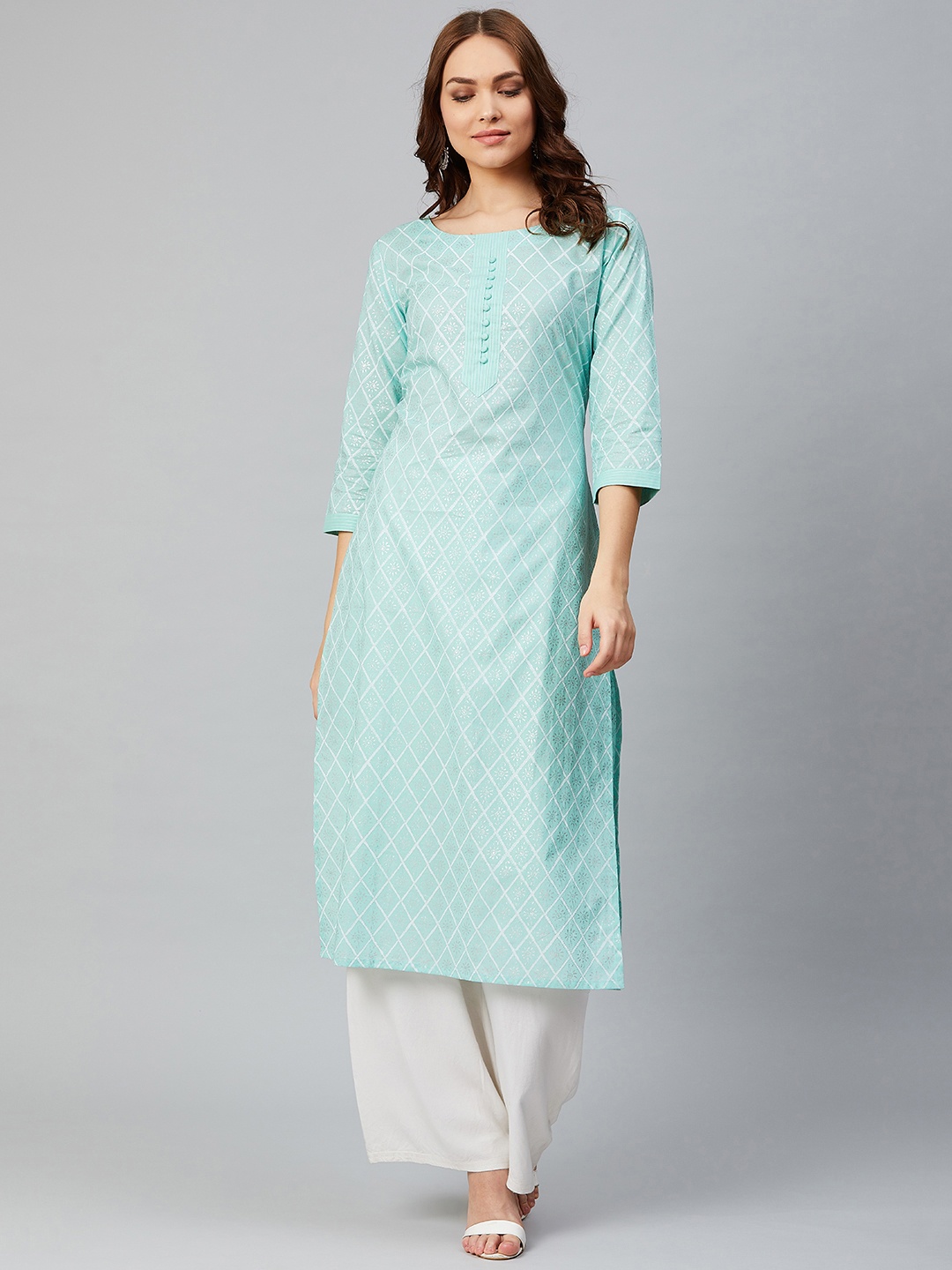 KSUT Women Blue & Silver Foil Print Straight Kurta