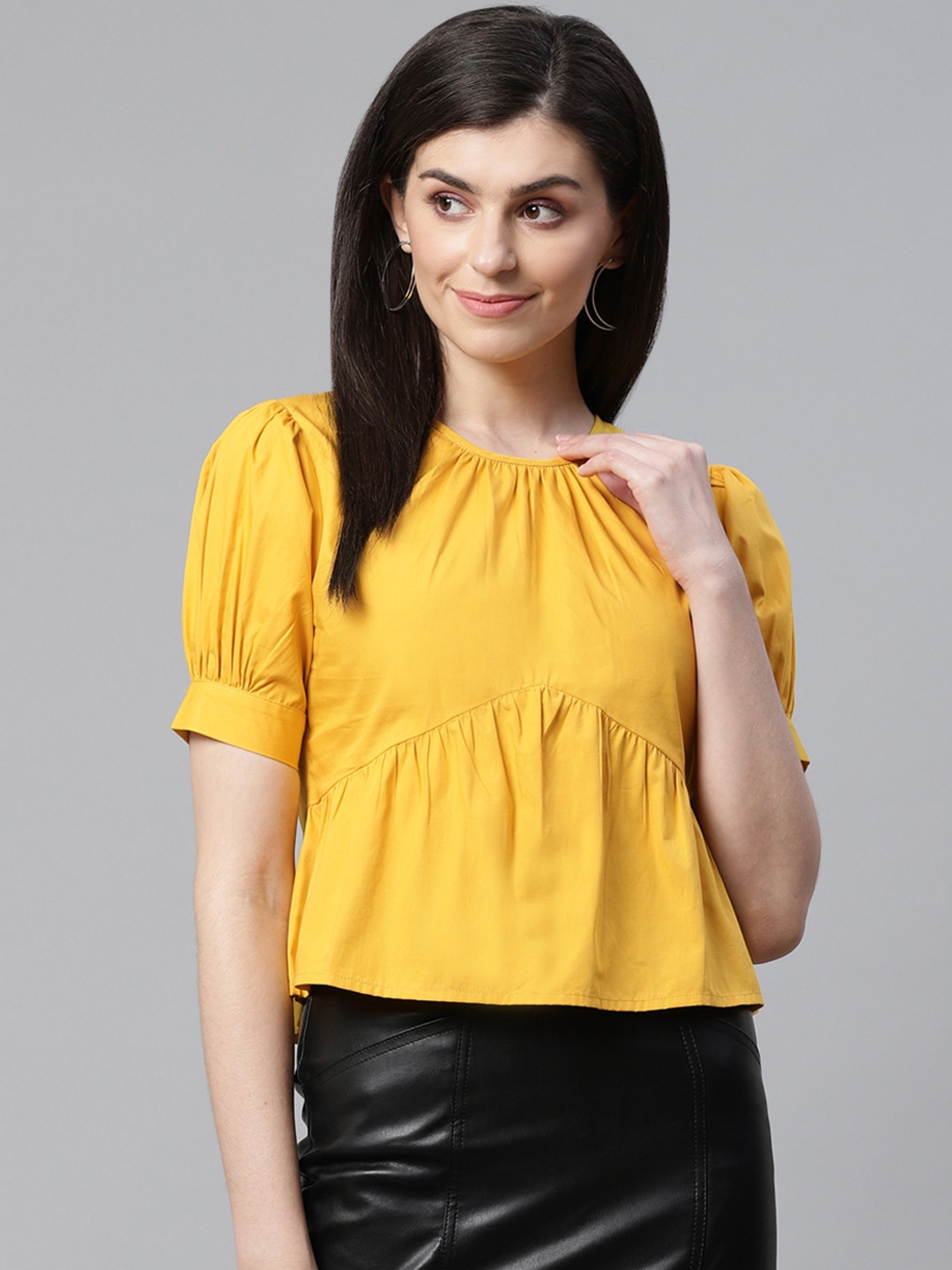 STREET 9 Women Yellow Solid A-Line Pure Cotton Top