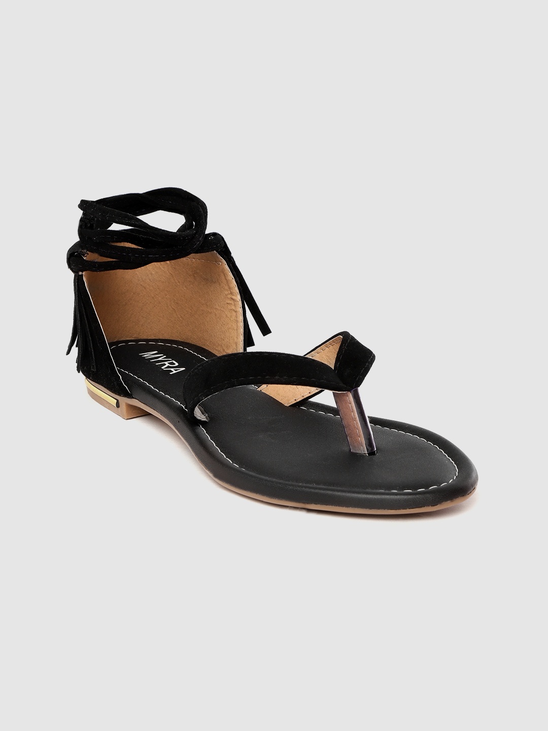 Myra Women Black Solid Velvet Fringed Open Toe Flats