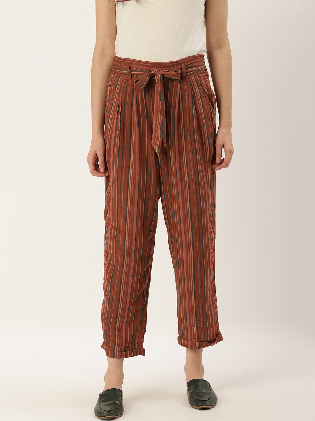 AMERICAN EAGLE OUTFITTERS Women Rust Orange & Green Regular Fit Striped Peg Trousers 
AMERICAN EAGLE OUTFITTERS Women Rust Orange & Green Regular Fit Striped Peg Trousers