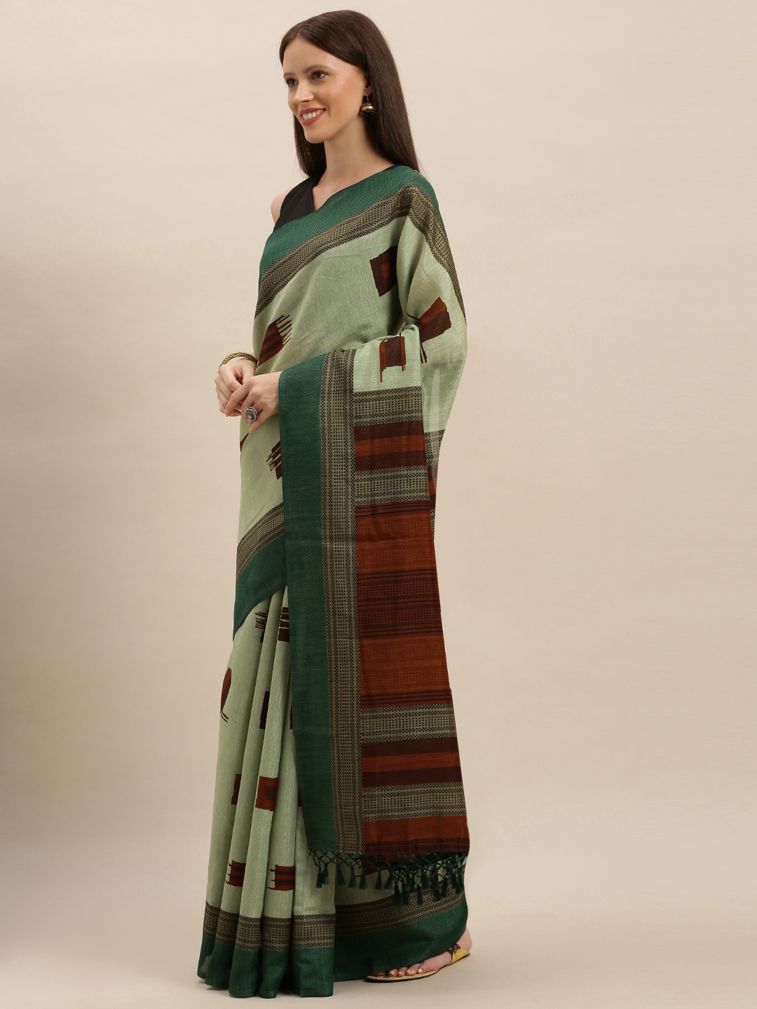 VASTRANAND Green & Brown Silk Blend Printed Saree