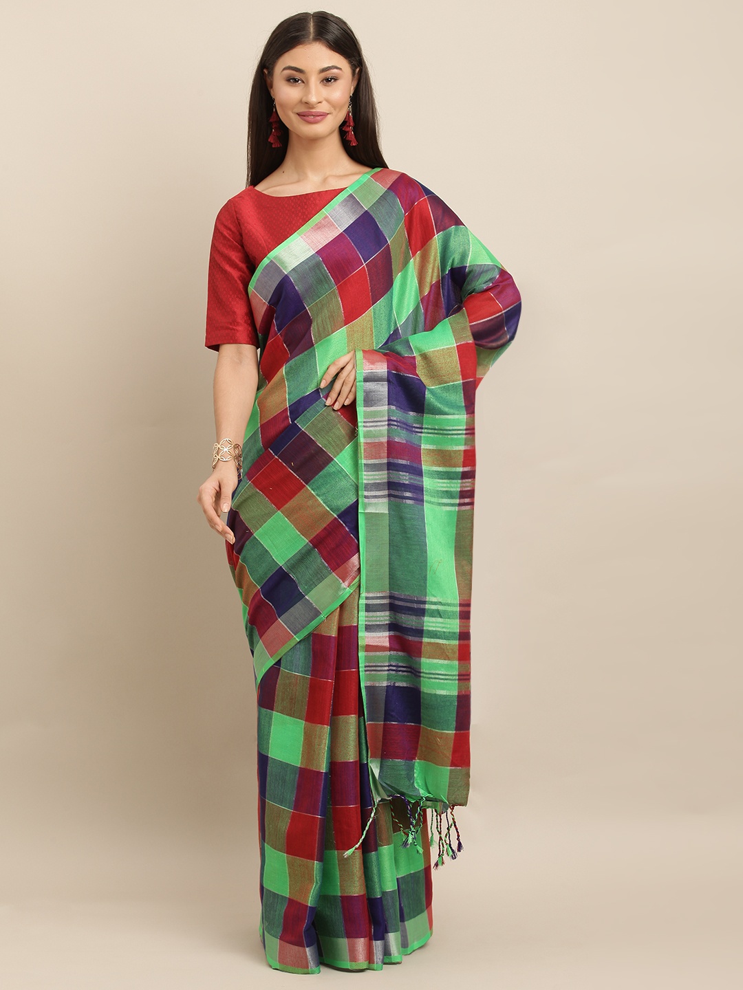 VASTRANAND Sea Green & Red Linen Blend Checked Saree
