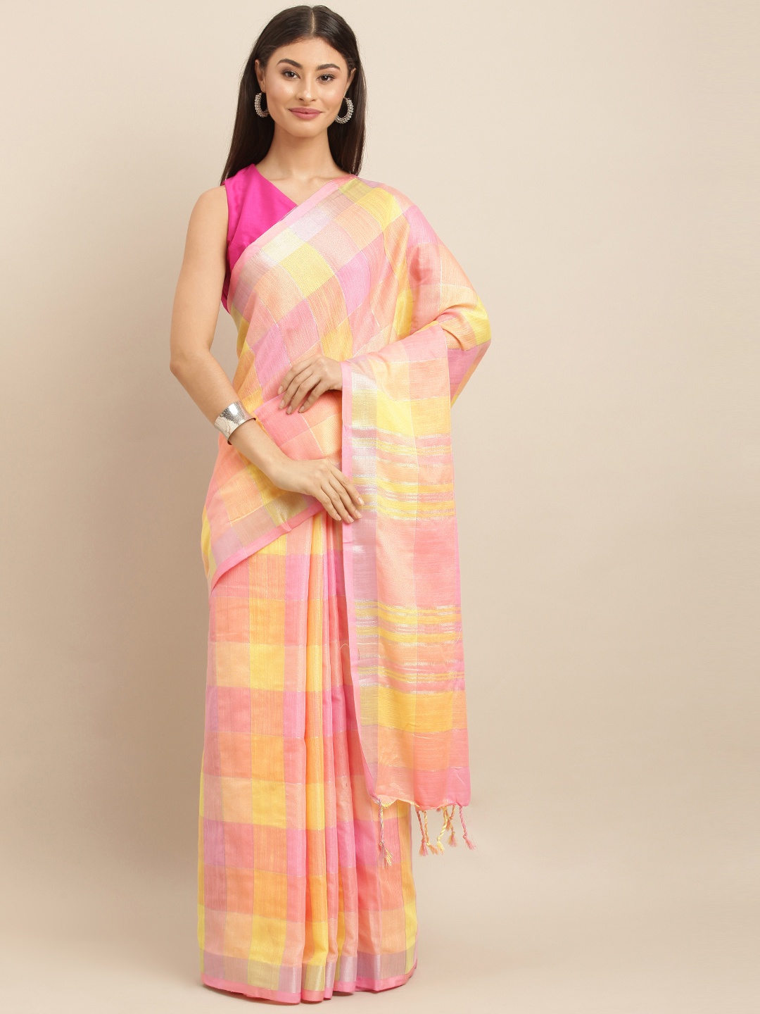 VASTRANAND Pink & Yellow Linen Blend Checked Saree