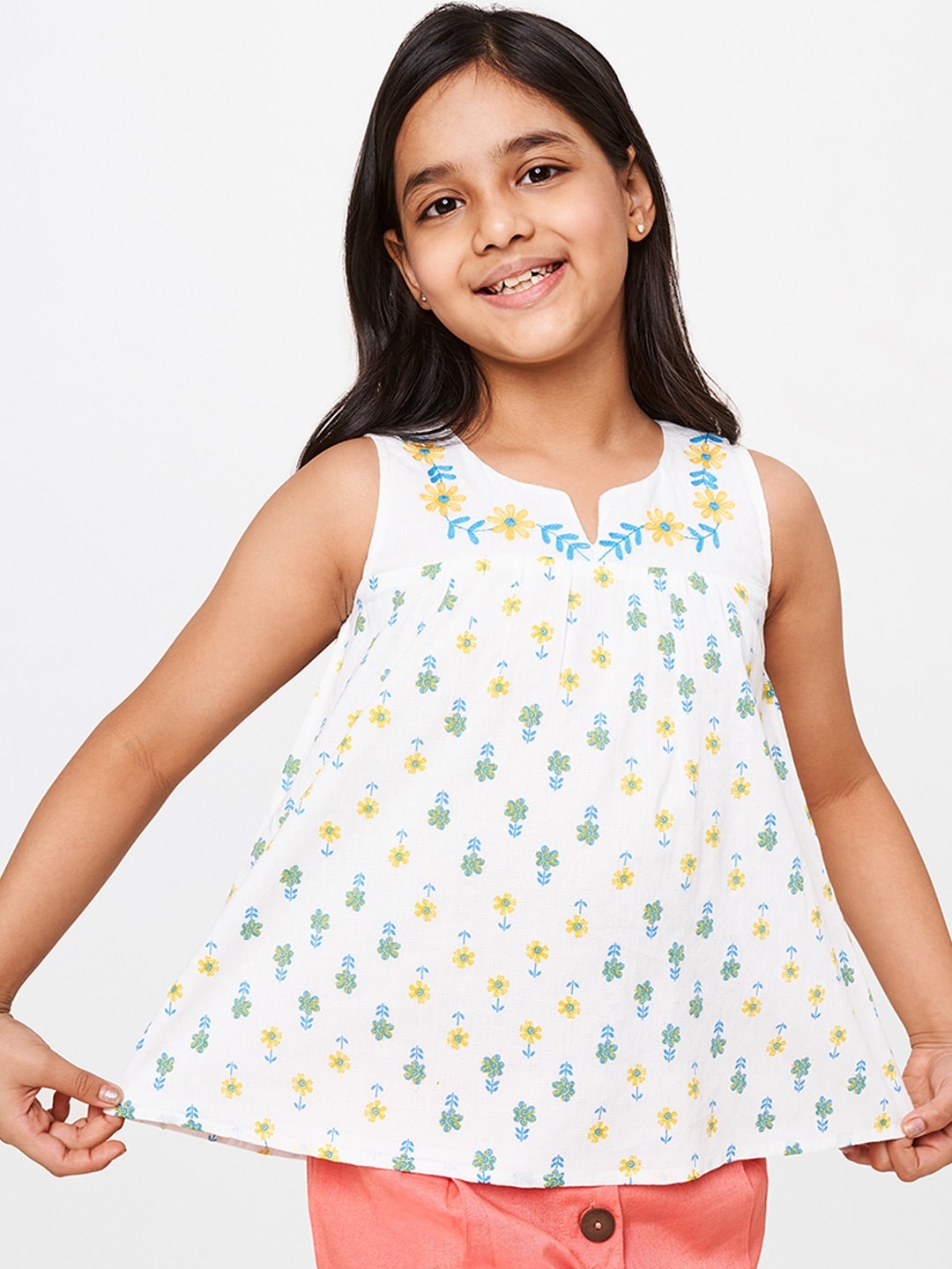 Global Desi Girls White Printed A-Line Top