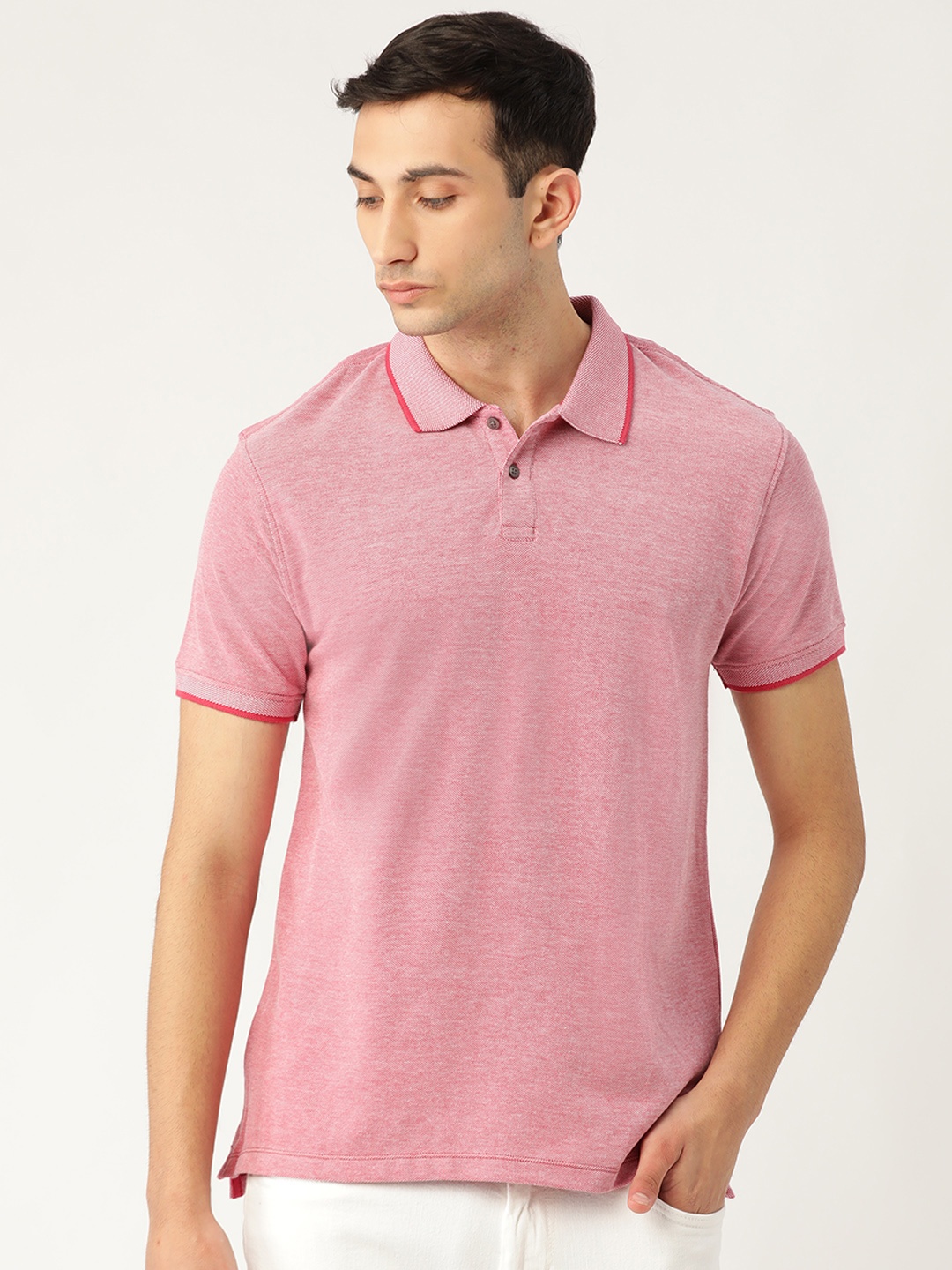 ether Men Pink Solid Polo Collar T-shirt