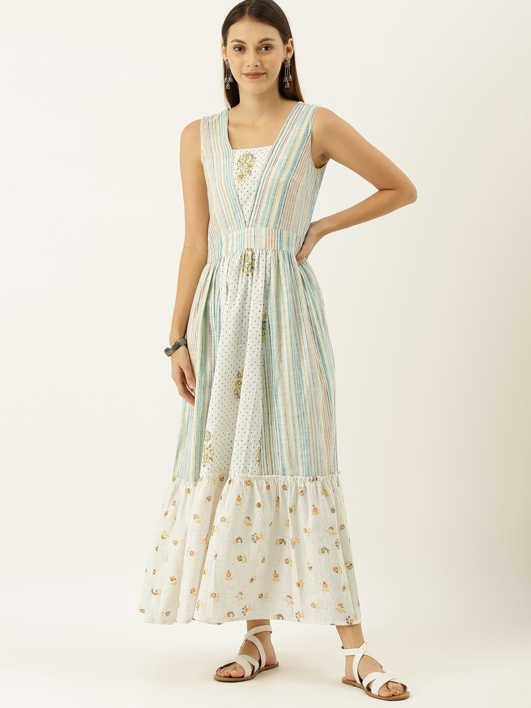 Taavi Women Multicoloured Sanganeri Block Print Fit and Flare Maxi Sustainable Dress With Side Pocket, Multi
Taavi Women Multicoloured Sanganeri Block Print Fit and Flare Maxi Sustainable Dress With Side Pocket, Multi