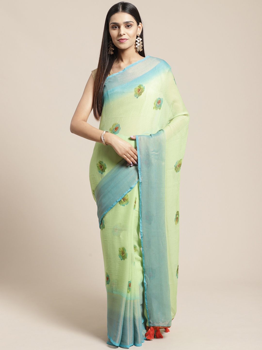 Mitera Green & Blue Floral Print Saree