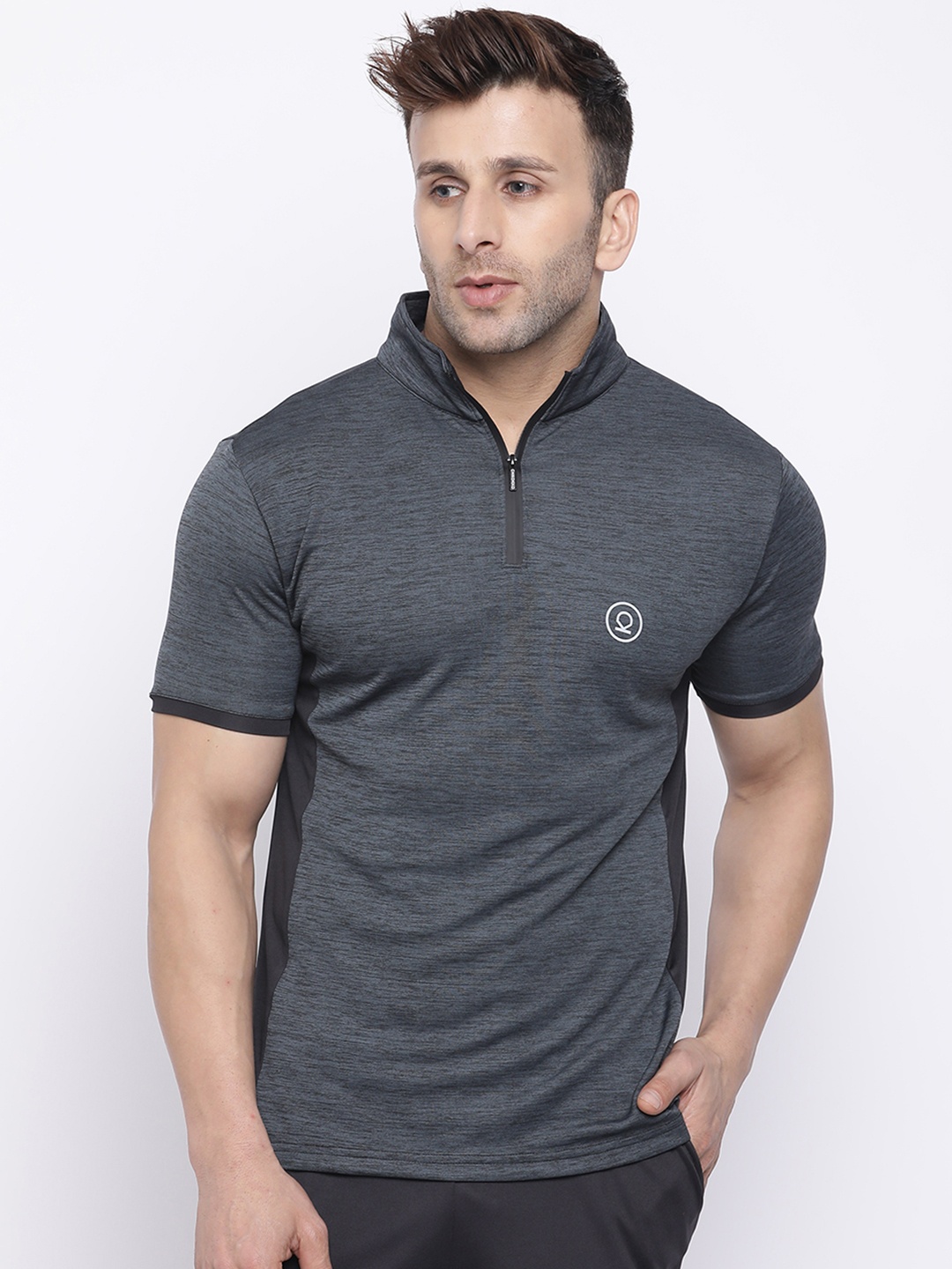 Chkokko Men Grey Solid High Neck Dry Fit T-shirt