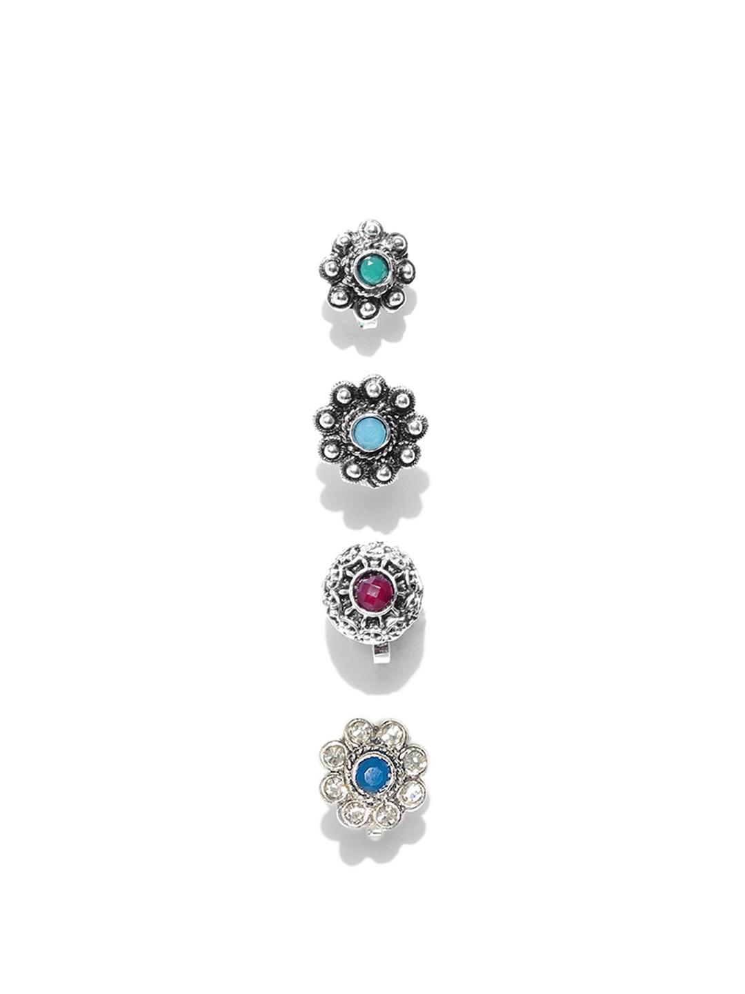 Zaveri Pearls Set of 4 Oxidised Silver-Plated Blue & Red Stone-Studded Clip-On Nosepins
Zaveri Pearls Set of 4 Oxidised Silver-Plated Blue & Red Stone-Studded Clip-On Nosepins