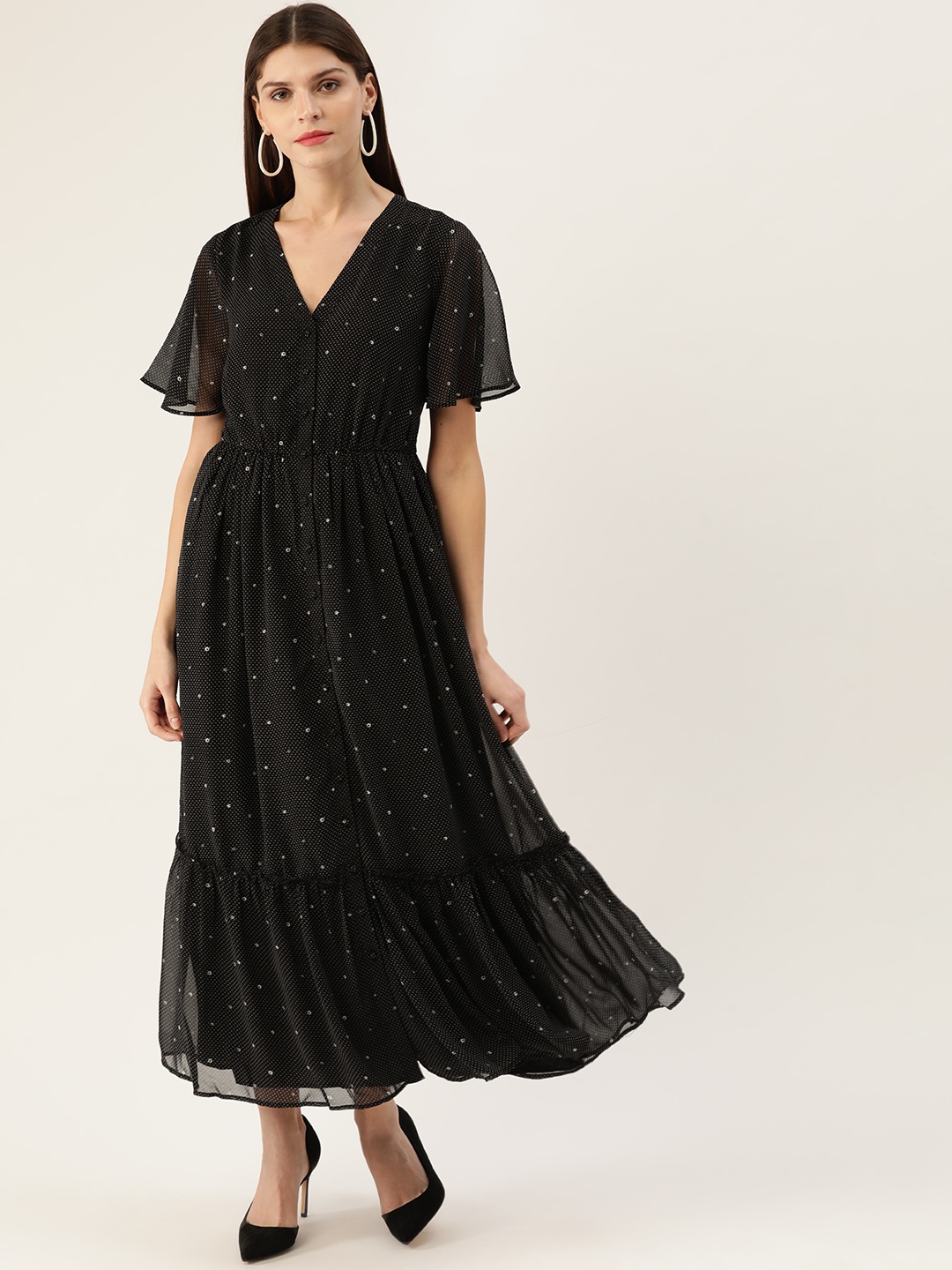 QUIERO Women Black & White Ditsy Polka Dots Printed Tiered Maxi Dress
