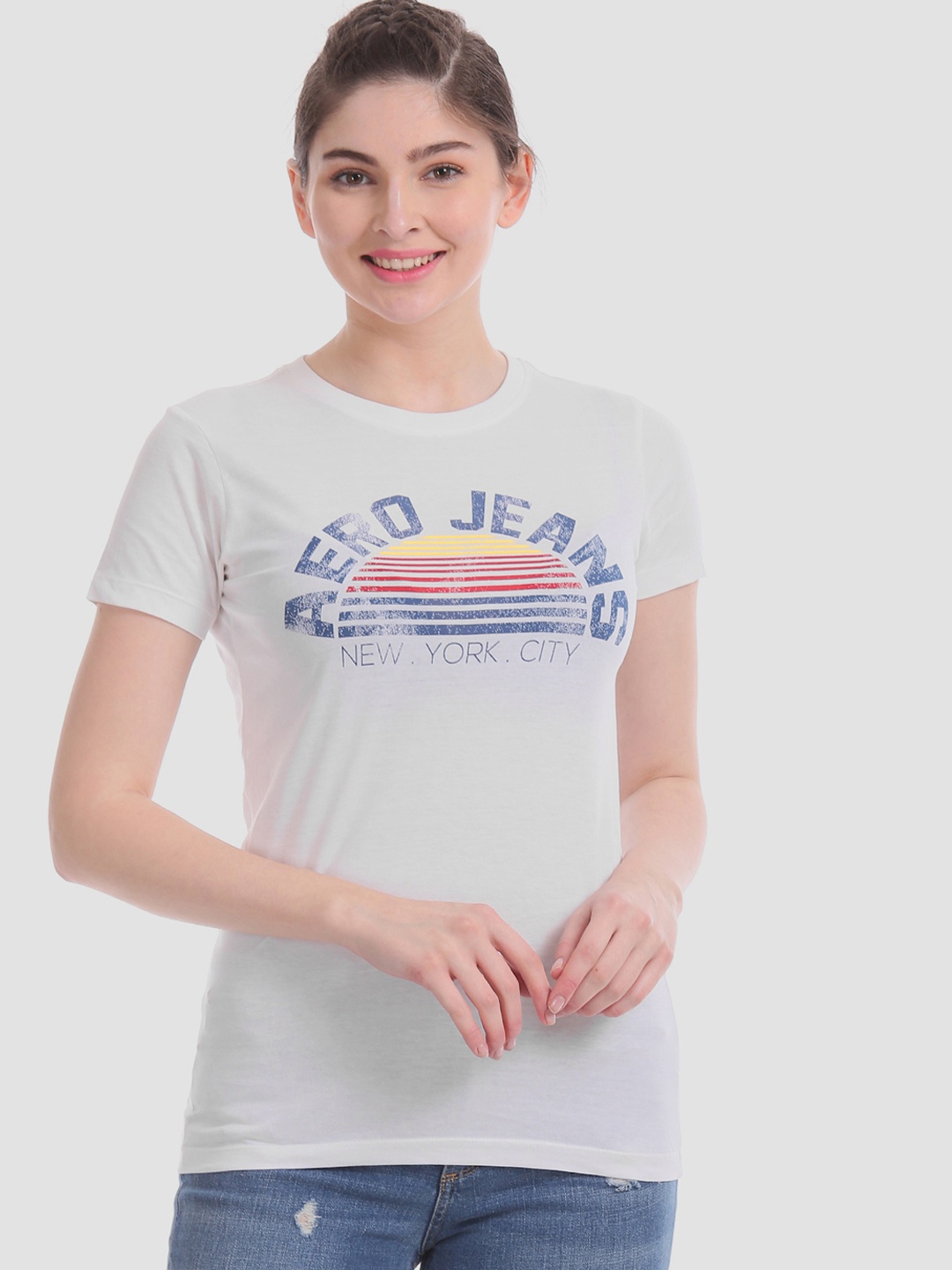 Aeropostale Women Grey Printed Round Neck Pure Cotton T-shirt