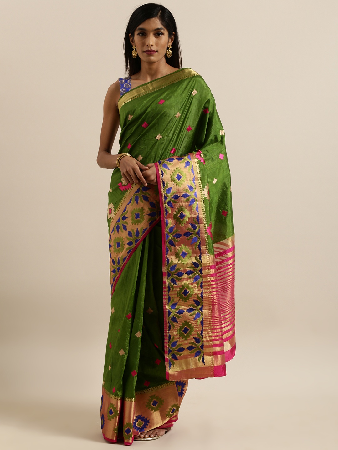 MIMOSA Green Art Silk Embroidered Kanjeevaram Saree