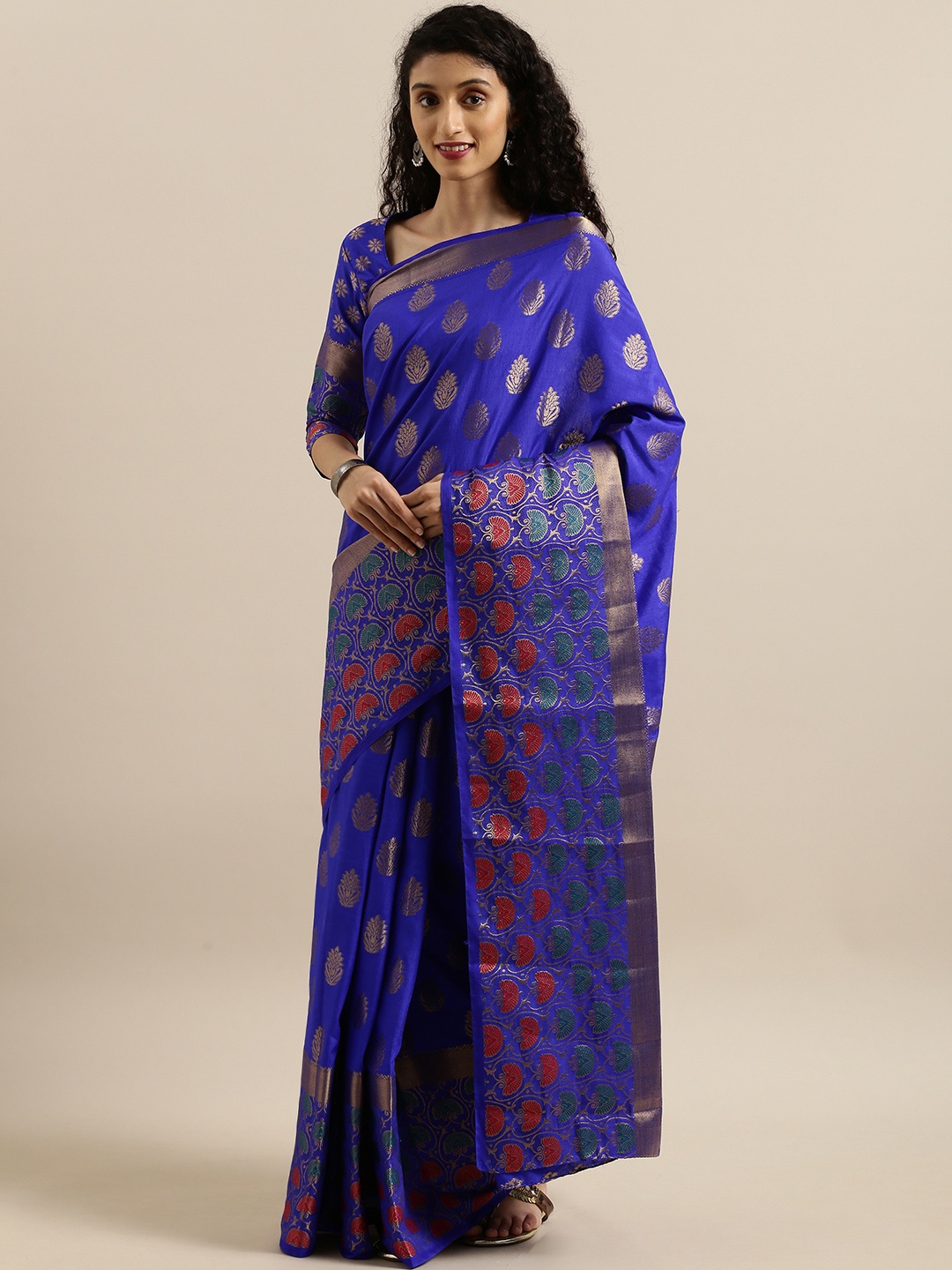 MIMOSA Blue & Gold-Toned Art Silk Woven Design Kanjeevaram Saree