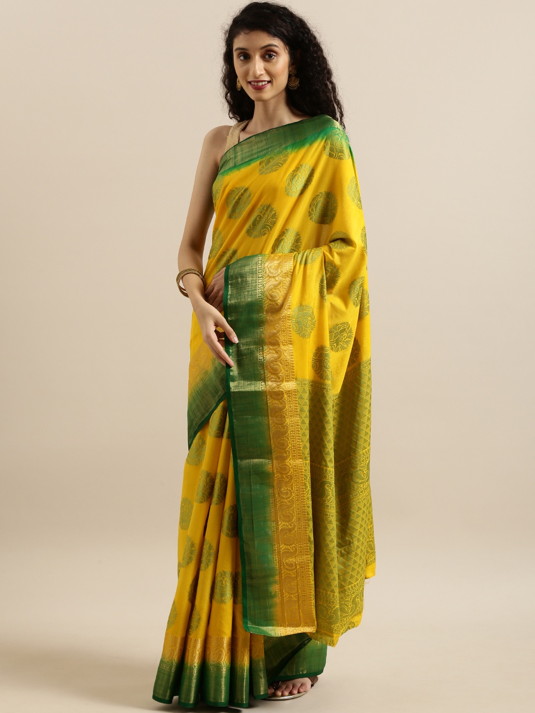 MIMOSA Mustard Yellow & Green Art Silk Woven Design Kanjeevaram Saree