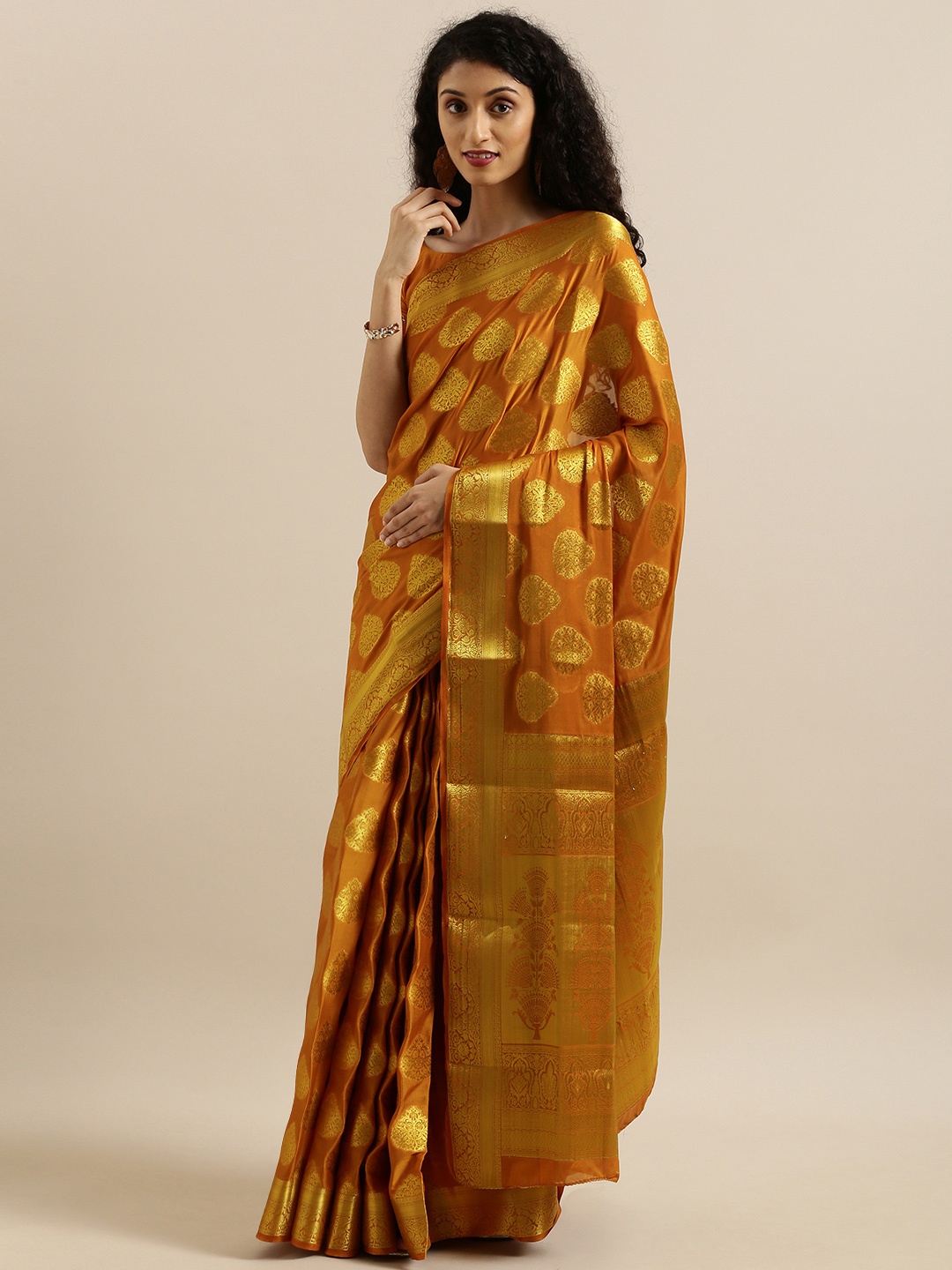 MIMOSA Brown & Gold-Toned Poly Crepe Woven Design Mysore Silk Saree