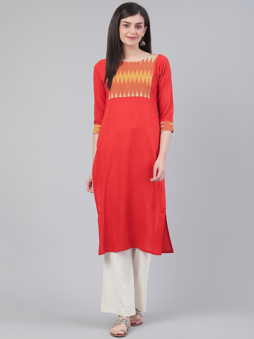 KSUT Women Orange & Mustard Yellow Ikat Print Yoke Design Straight Kurta