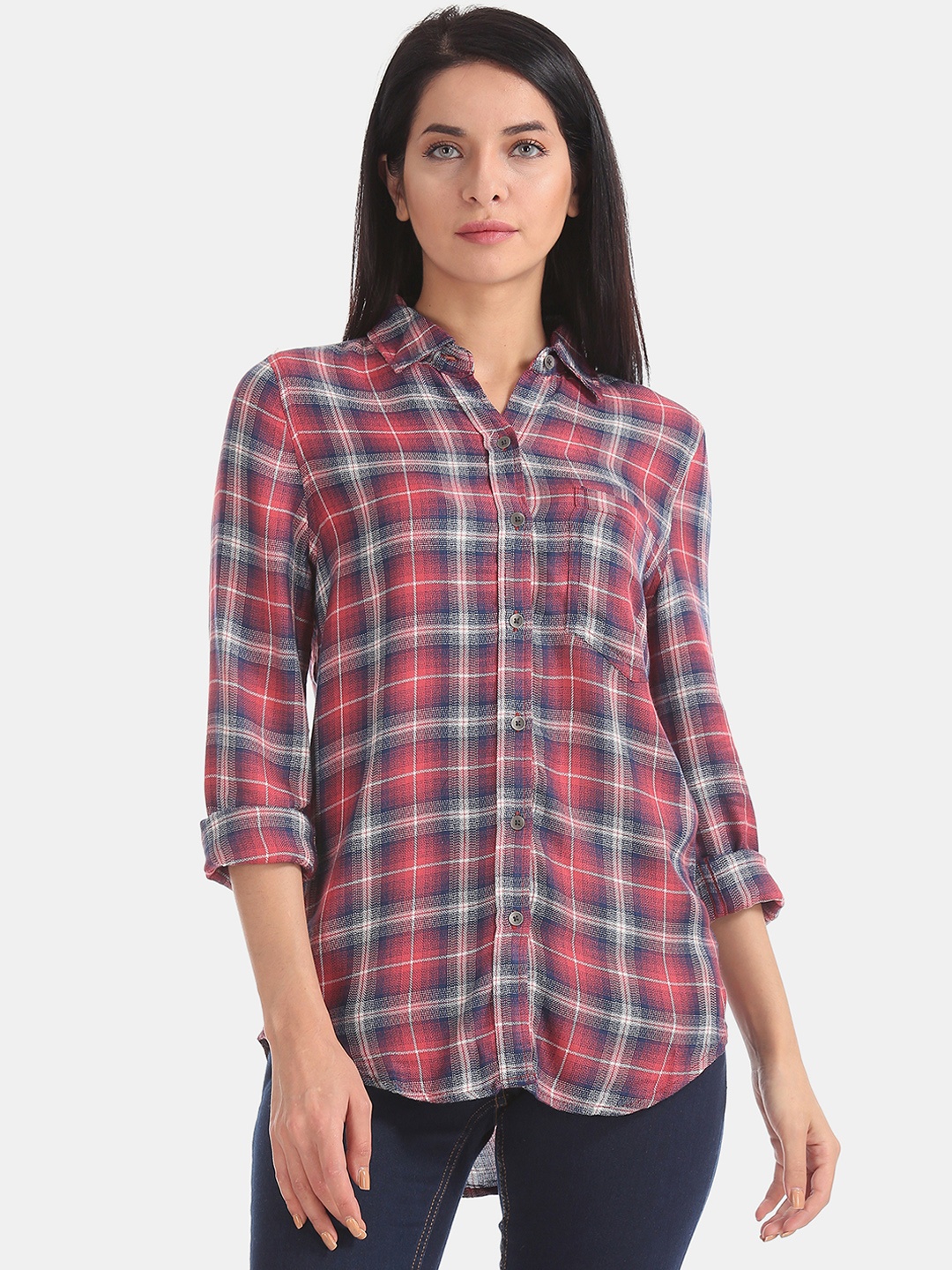 Aeropostale Women Coral Pink & Blue Regular Fit Checked Casual Shirt