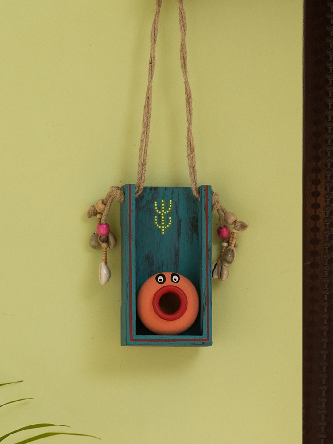 ExclusiveLane Teal Blue Hand-Painted Decorative Wall Hanging In Terracotta & Wood