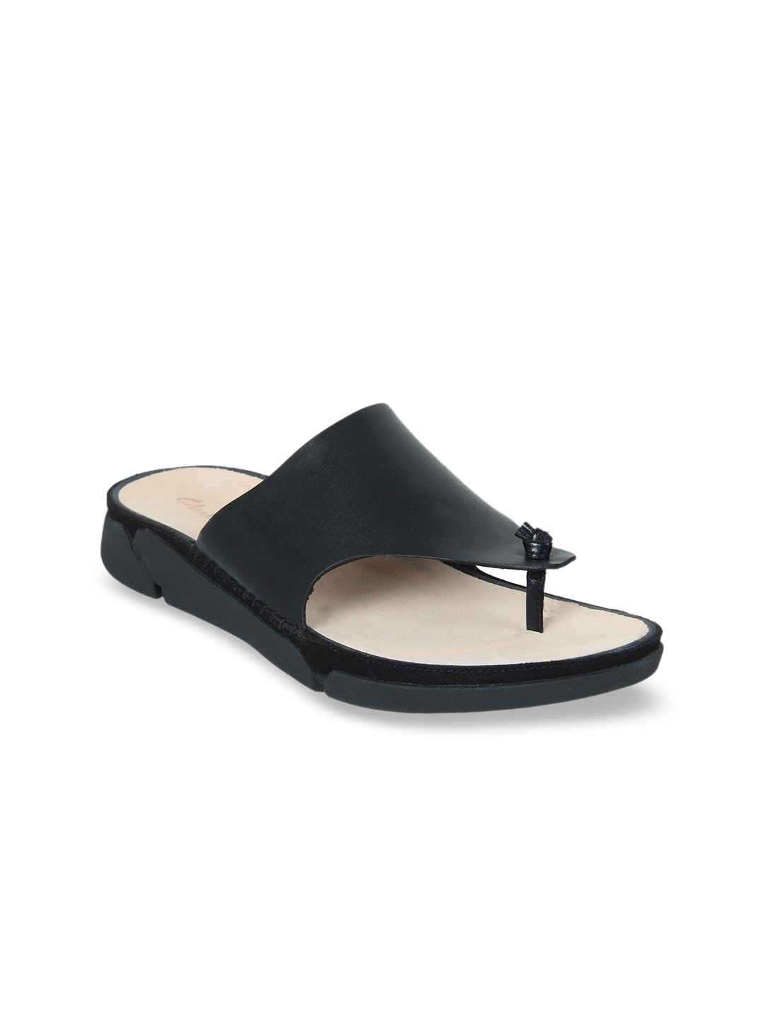 Clarks Women Black Solid Leather T-Strap Flats